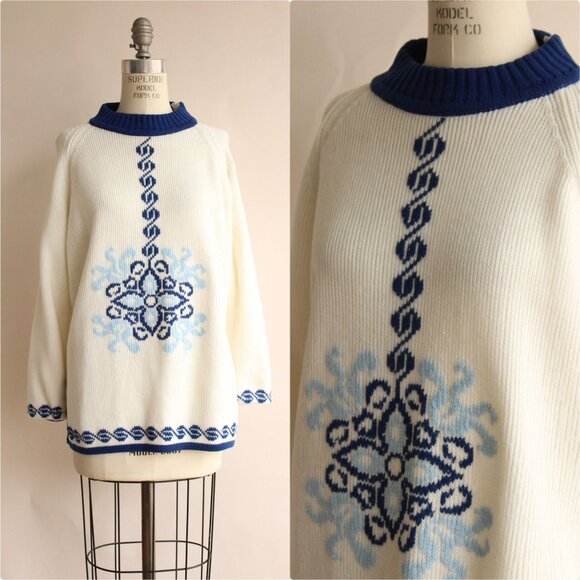 Vintage 1970s Sweater, The Campus Shop Nordic Style Blue and White Jumper - Picture 1 of 10